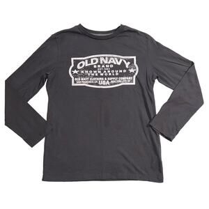 Old Navy Boys Logo T Shirt Top Long Sleeve Crew Neck Black White XL 14 16